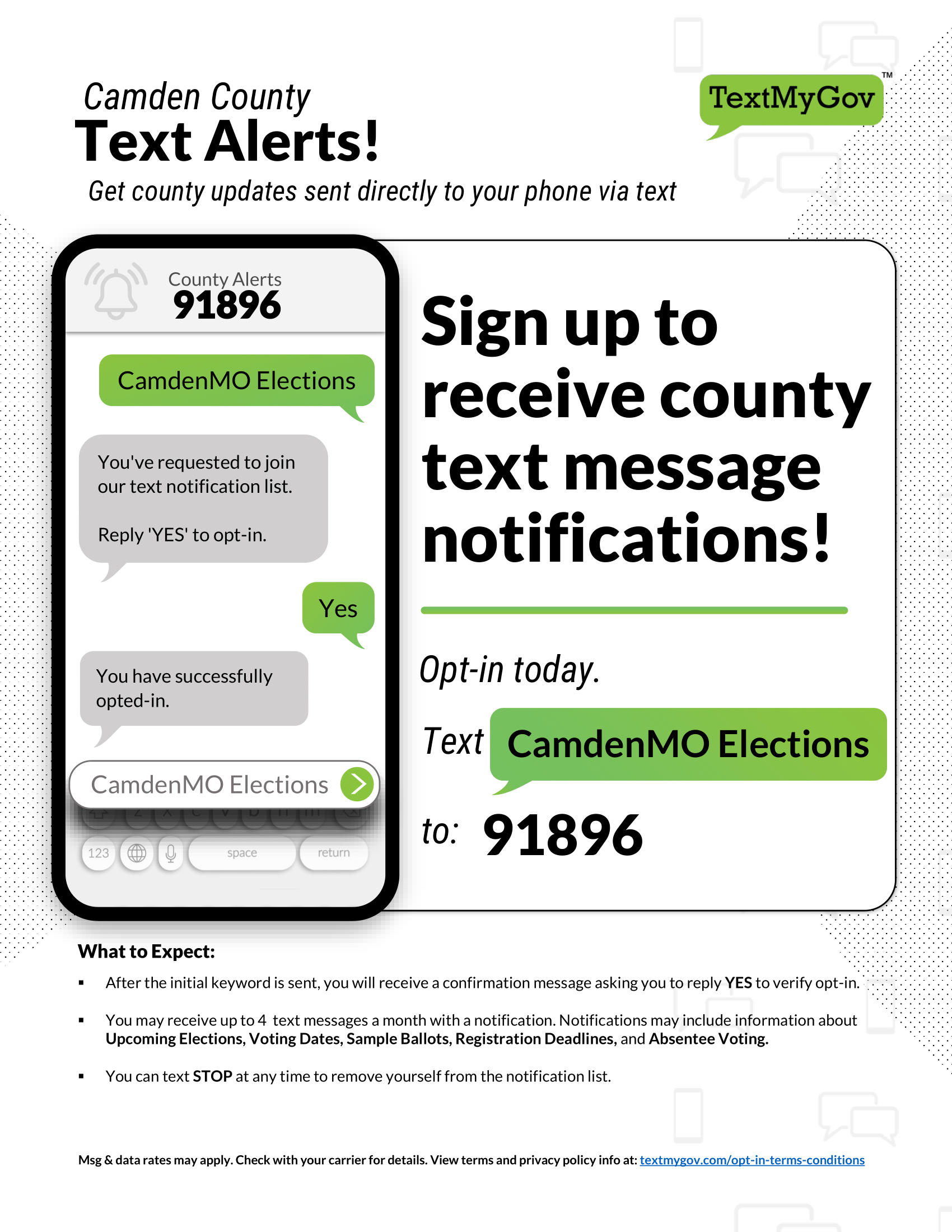 TextMyGov flyer- Text CAMDENMOELECTIONS to the number 91896